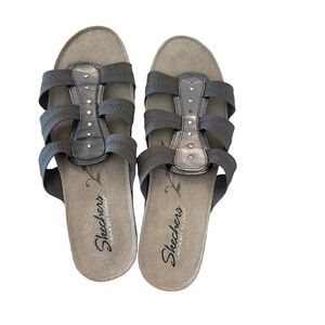 Skechers Memory Foam Women’s Pewter Slip On Textile/Leather Sandals Sz 10 GUC